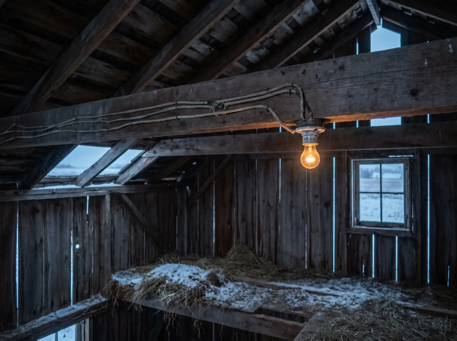 Inside an old wooden barn at dusk: rough beams, dust in the air, old wiring stapled along a joist and a single bare bulb burning.