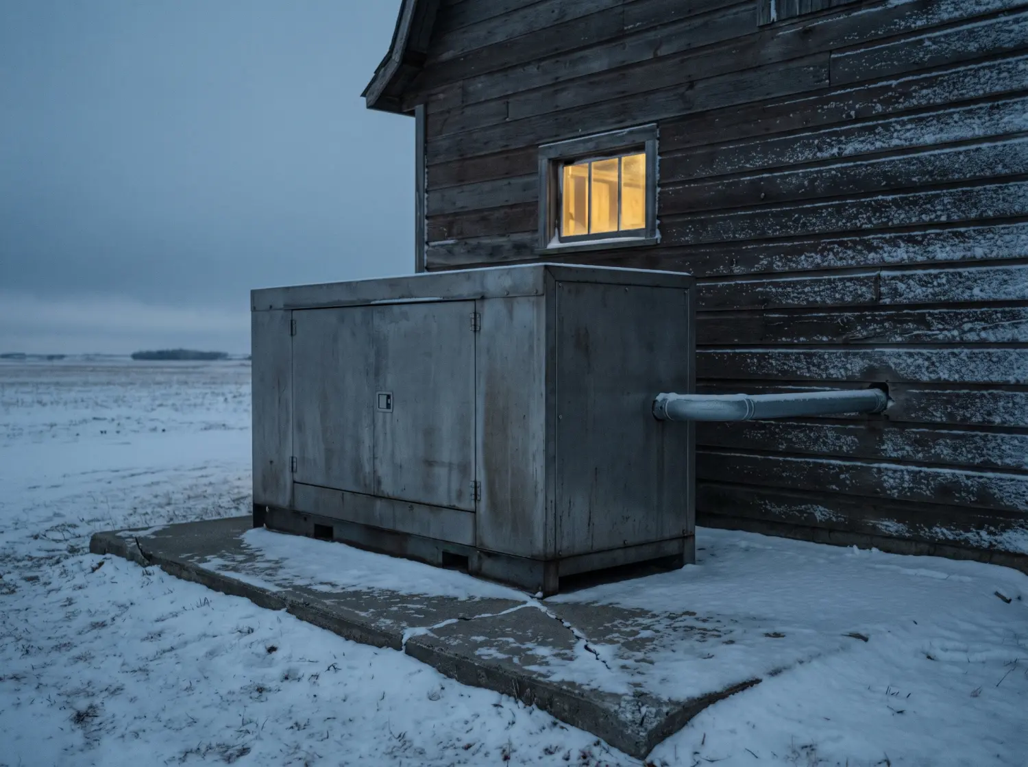 A plain steel standby generator on a concrete pad against a barn wall in the snow at dusk, its conduit running into the wall, one warm window lit above it.