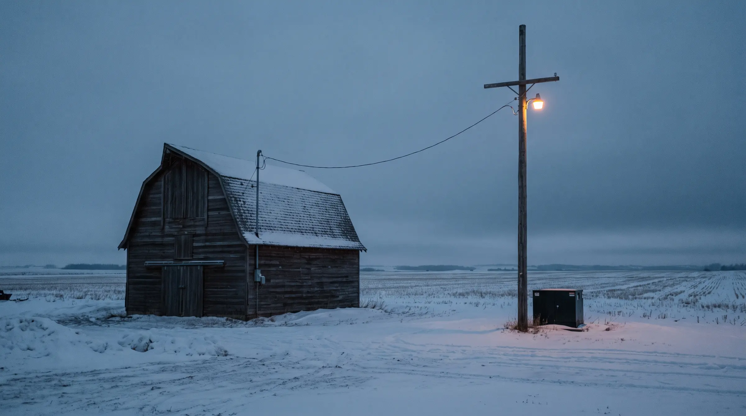 A weathered barn on a snow-covered Alberta field at dusk. A single yard light burns on a utility pole, and the service drop runs from the pole to the barn.